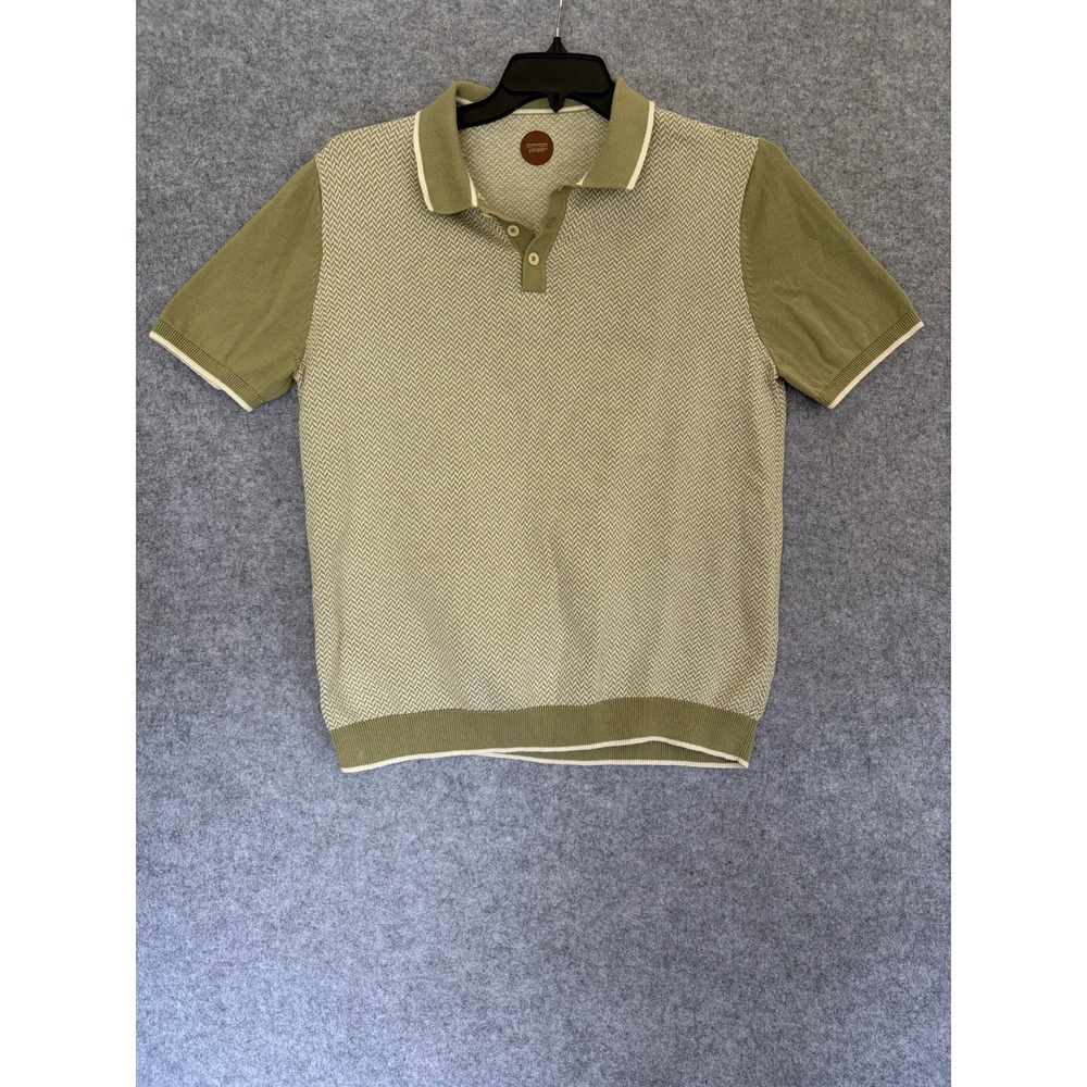 Common People Mens Green Cotton Knit Chevron Polo Shirt Short Sleeve Size L